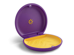 Invisalign aligner case in color purple open with aligner inside